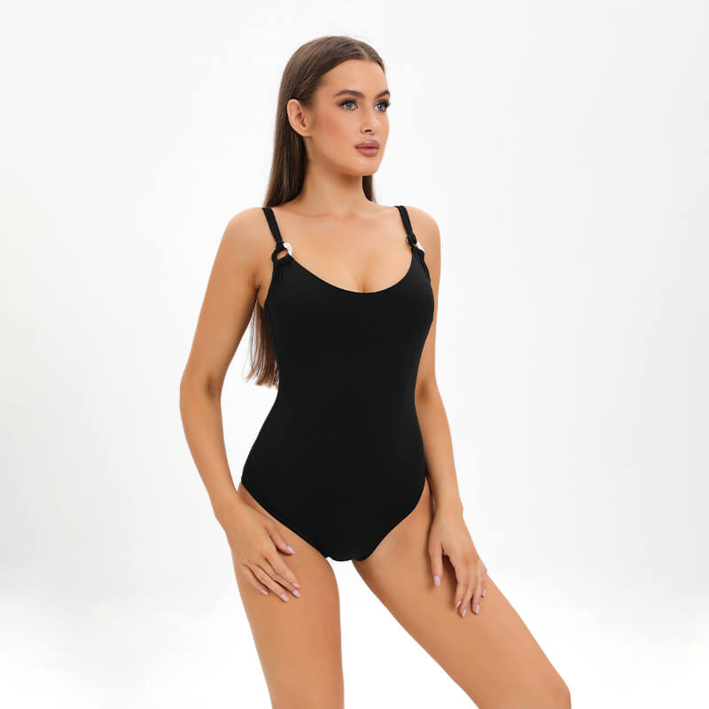 solid black metal ring linked bodycon ruched one piece women bikini