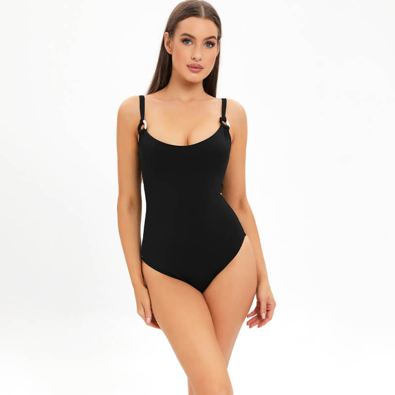 solid black metal ring linked bodycon ruched one piece women bikini