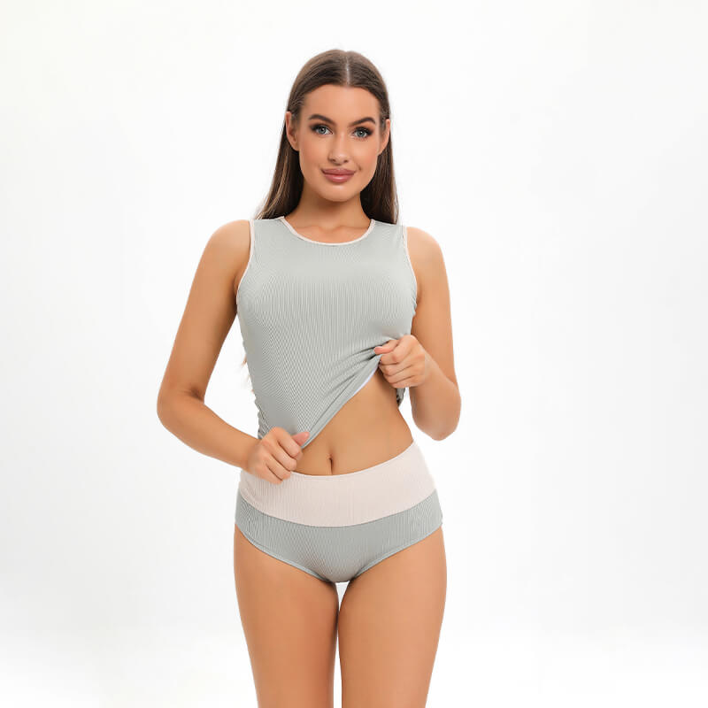 light blue beige color block sleeveless round neck two piece conservative bodycon women bikini set