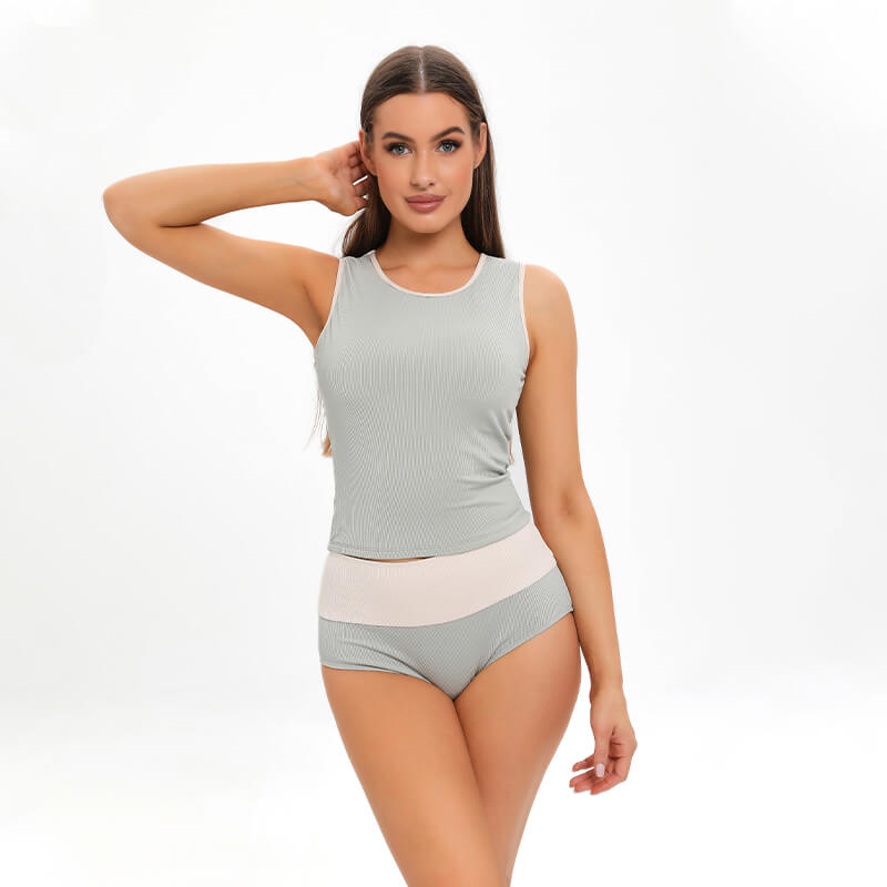 light blue beige color block sleeveless round neck two piece conservative bodycon women bikini set