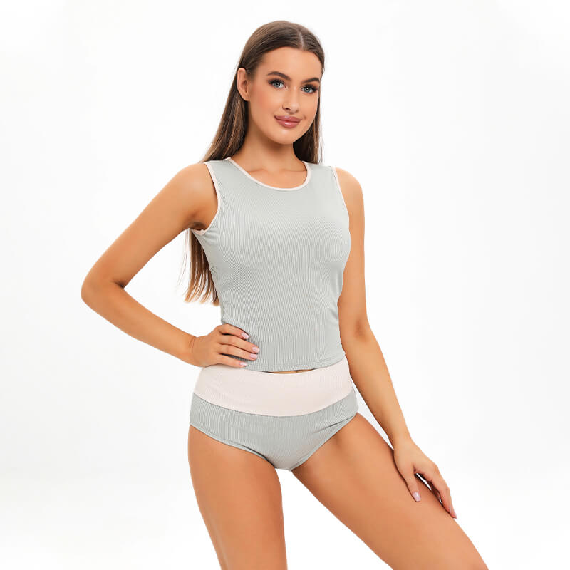 light blue beige color block sleeveless round neck two piece conservative bodycon women bikini set