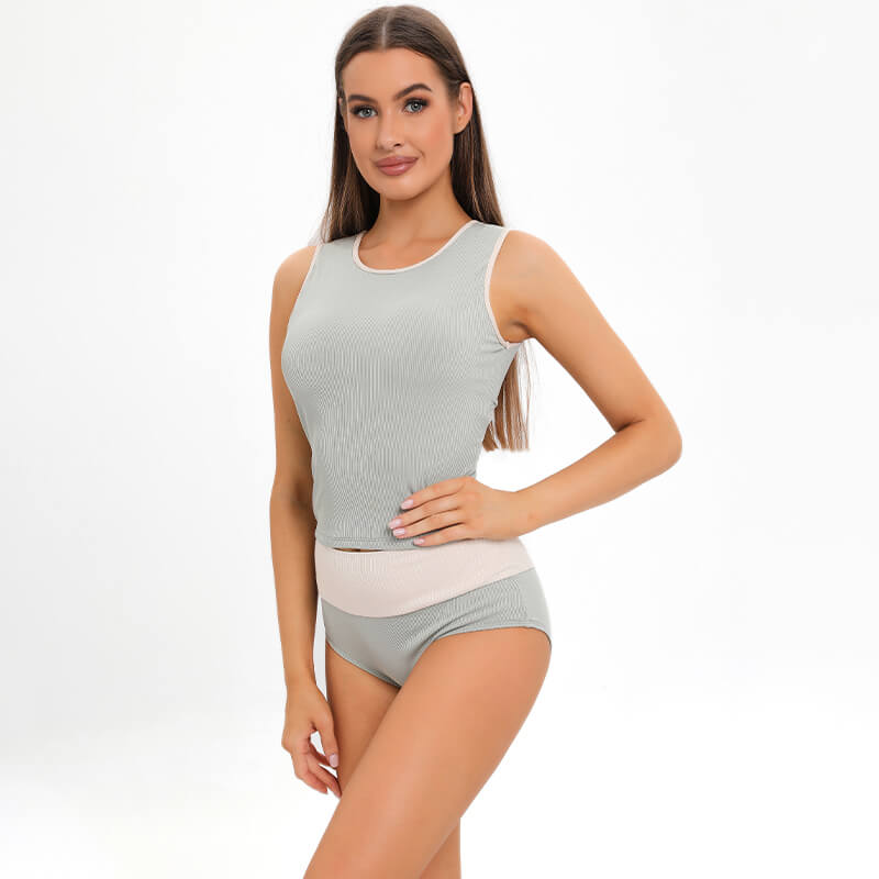 light blue beige color block sleeveless round neck two piece conservative bodycon women bikini set