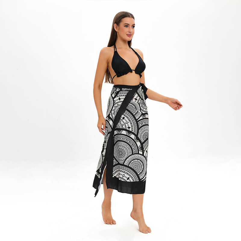 solid black ruched spaghetti two piece women bikini with Bohemia floral sarong