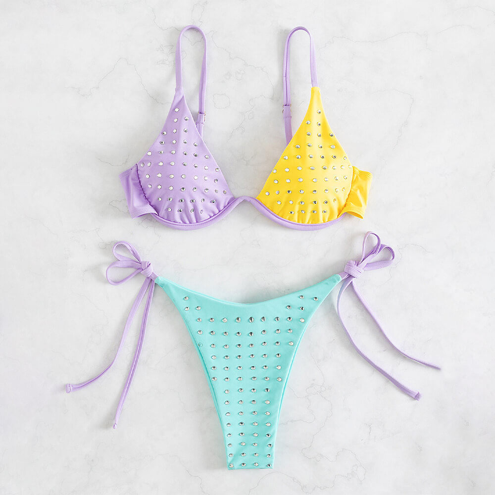 purple blue yellow color blocked rhinestone jewelry 2 piece bikini set