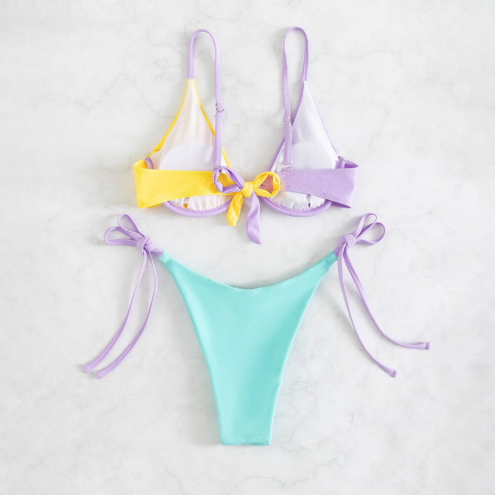 purple blue yellow color blocked rhinestone jewelry 2 piece bikini set