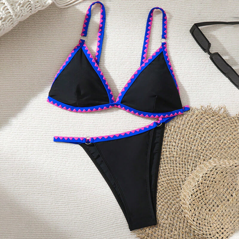 pink blue black three color blocked ring linked metal bikini