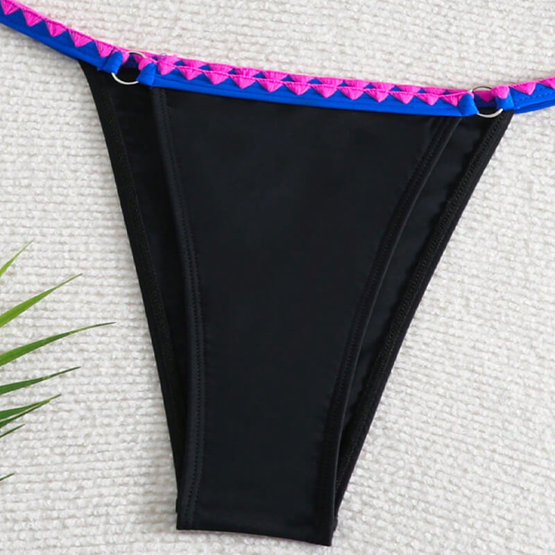 pink blue black three color blocked ring linked metal bikini