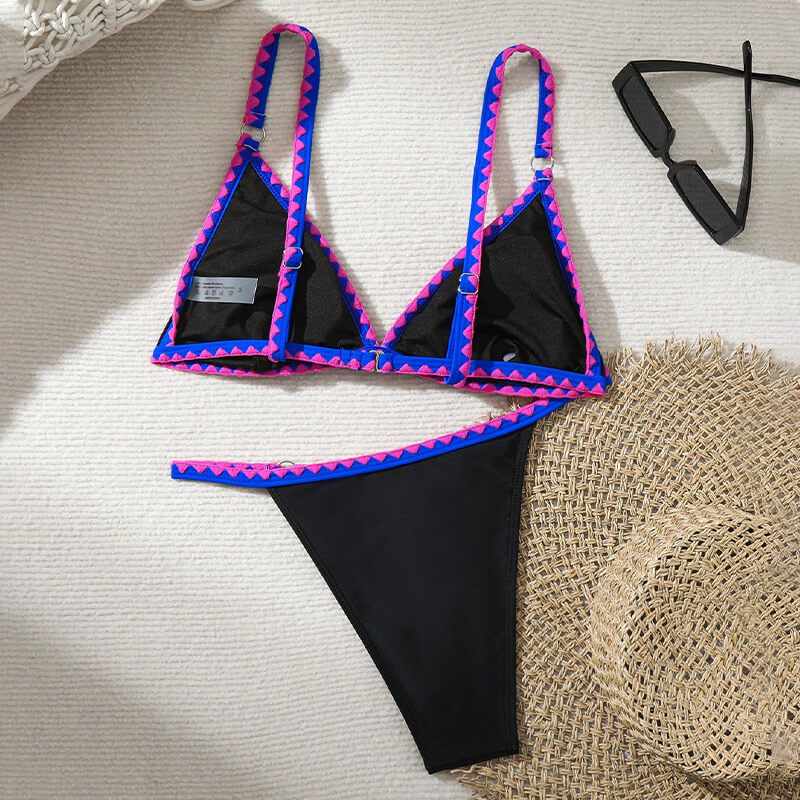 pink blue black three color blocked ring linked metal bikini