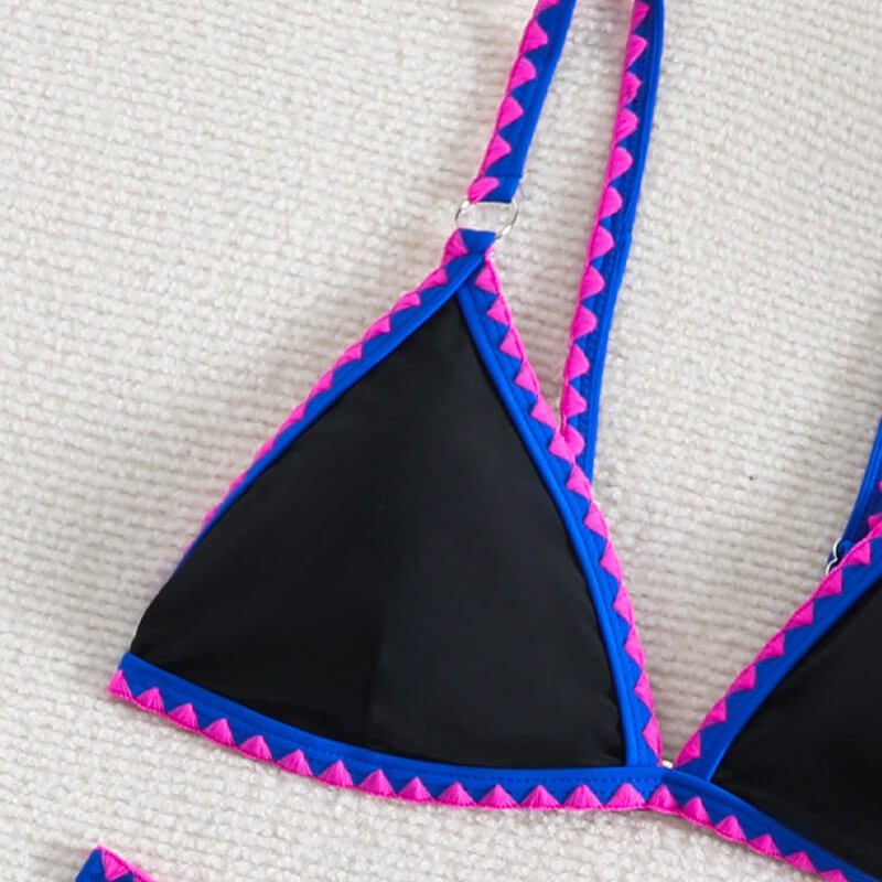 pink blue black three color blocked ring linked metal bikini