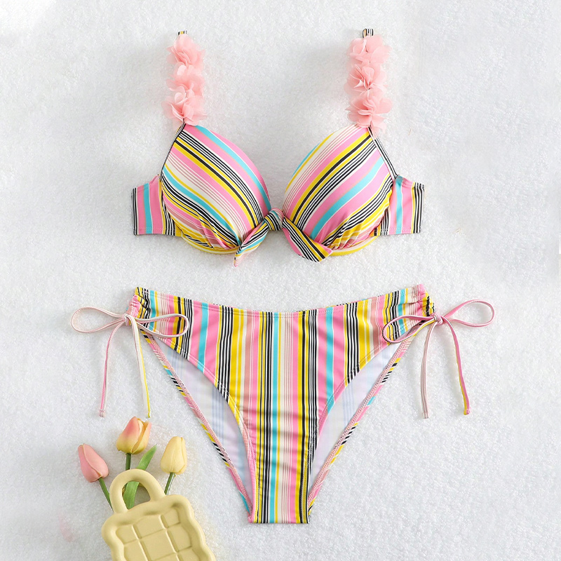 rainbow ruched bowknot 3D flower decoration tie side thong 2 piece women bikini