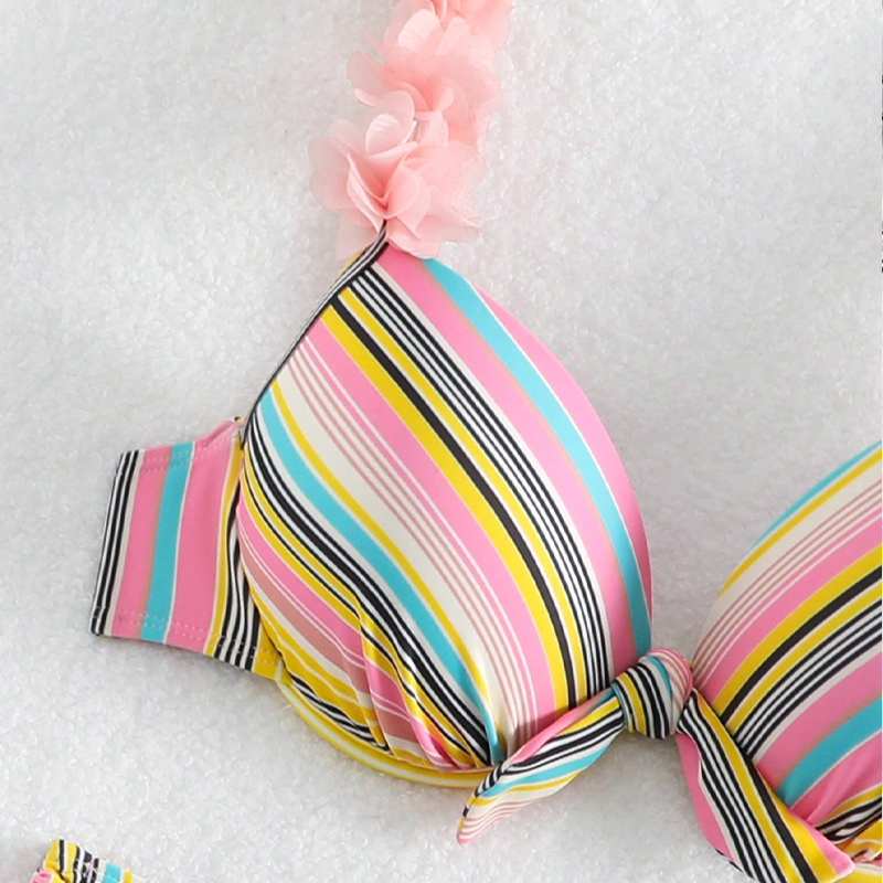 rainbow ruched bowknot 3D flower decoration tie side thong 2 piece women bikini