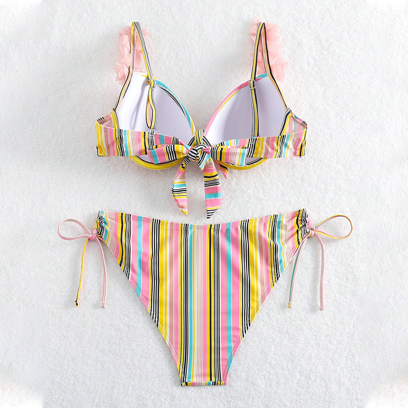 rainbow ruched bowknot 3D flower decoration tie side thong 2 piece women bikini