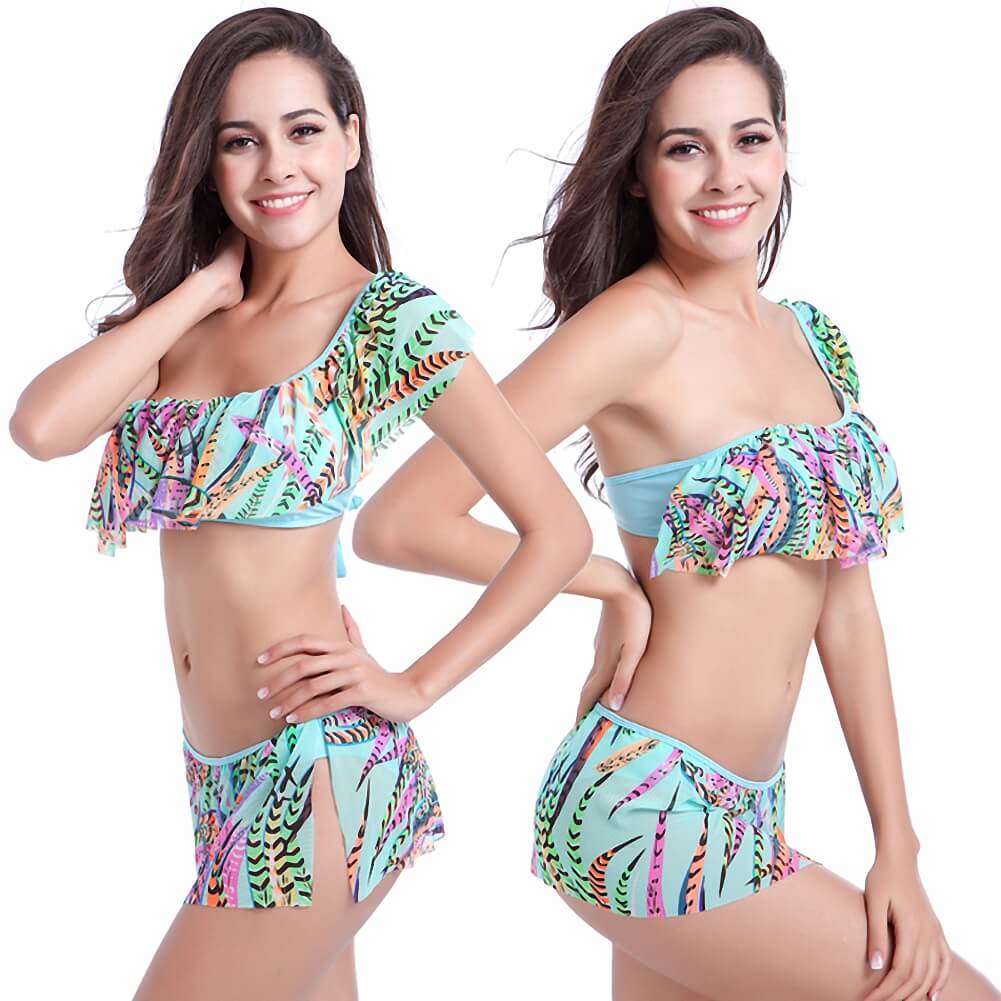 asymmetric green blue ruffled paisley floral snake skin printing one piece bikini