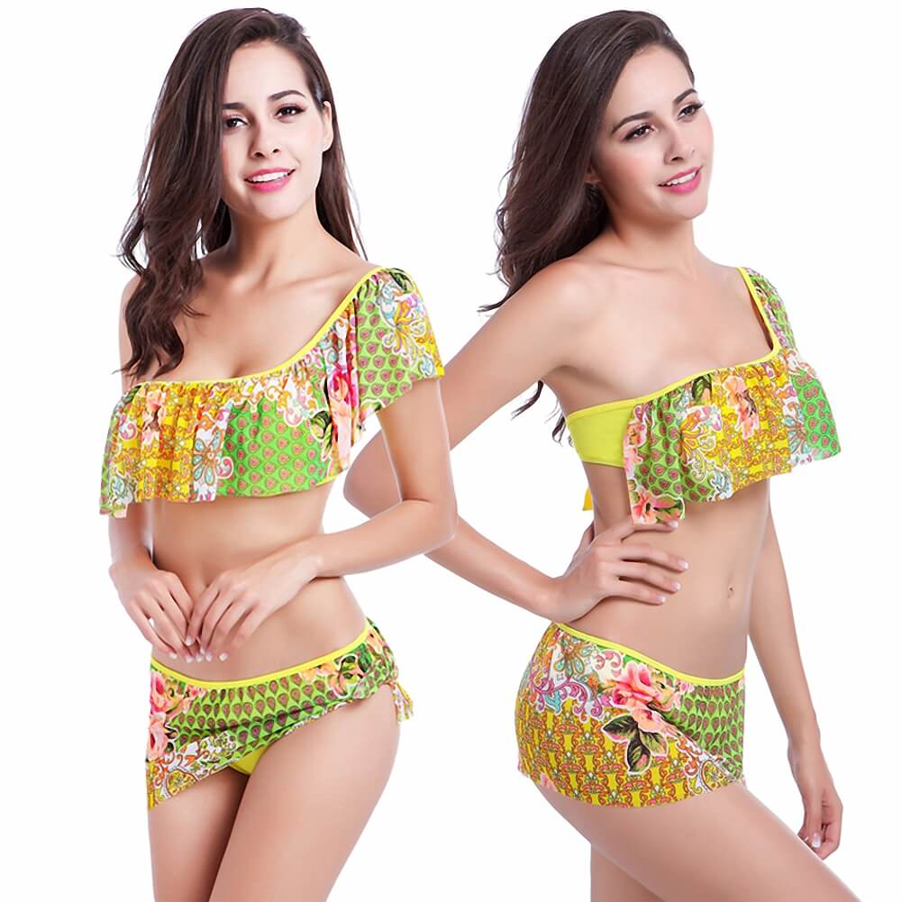 asymmetric green blue ruffled paisley floral snake skin printing one piece bikini