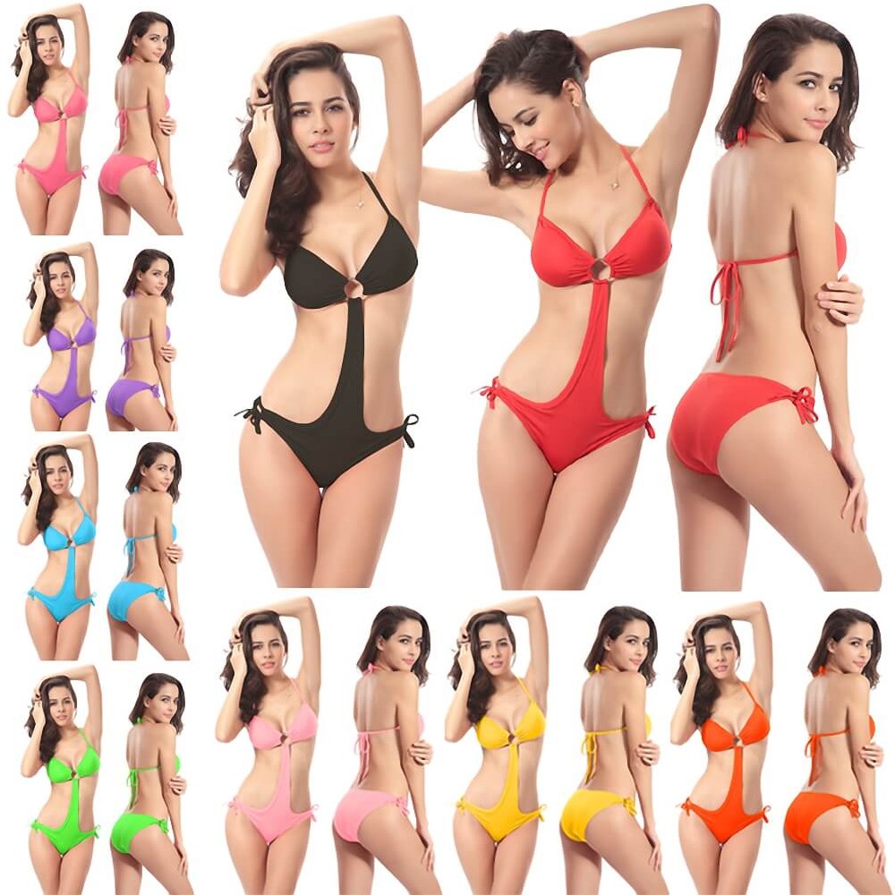 6 solid ring linked halter neck deep v ring linked extreme sexy one piece bikini