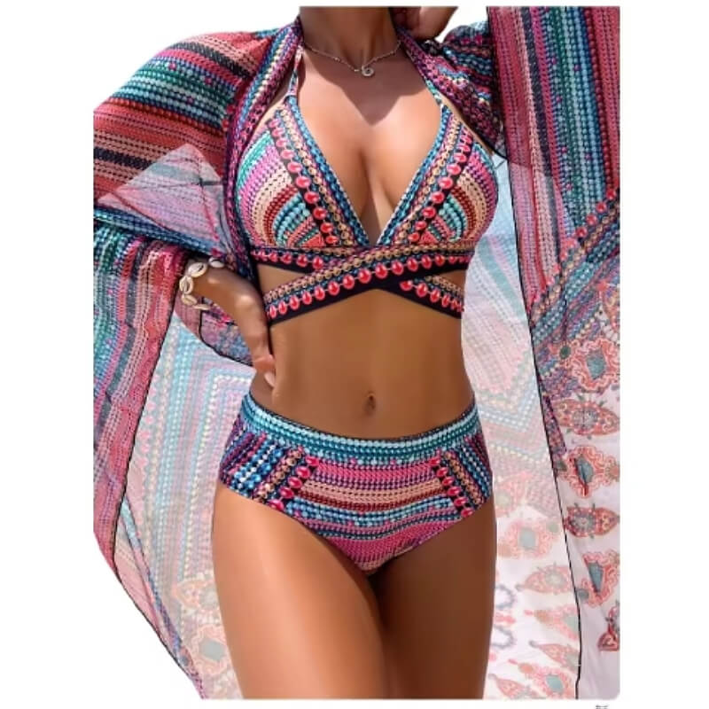 pink orange rainbow paisley floral printing set 2 bikini with cover up