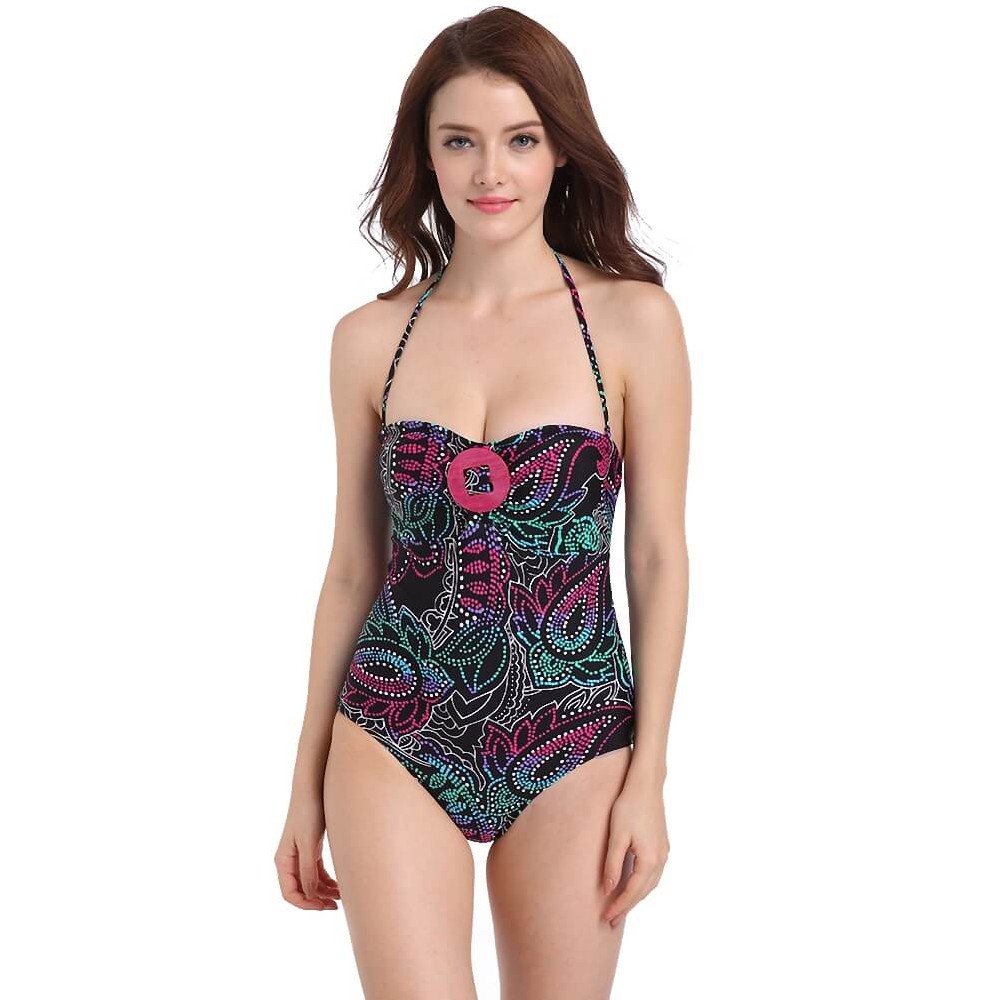 one piece halter neck black paisley floral printing girl beachwear