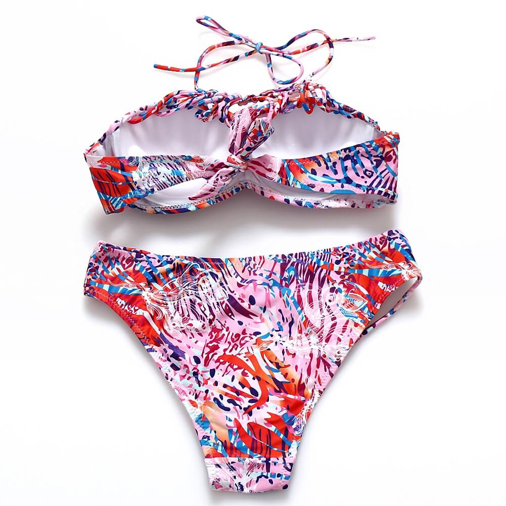 two piece purple red blue bandeau ribbon hollow out bikini