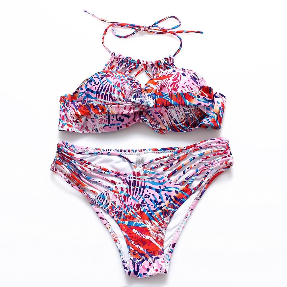 two piece purple red blue bandeau ribbon hollow out bikini