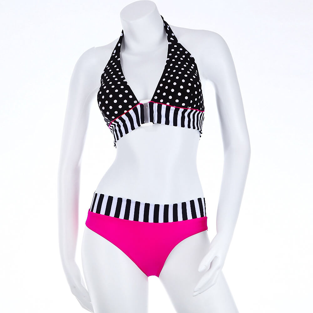 color block two piece high waist black white pink stripe ring linked women bikini