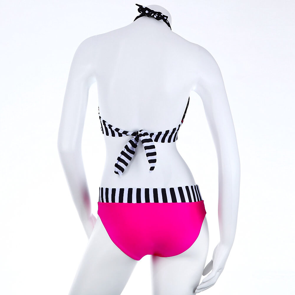 color block two piece high waist black white pink stripe ring linked women bikini