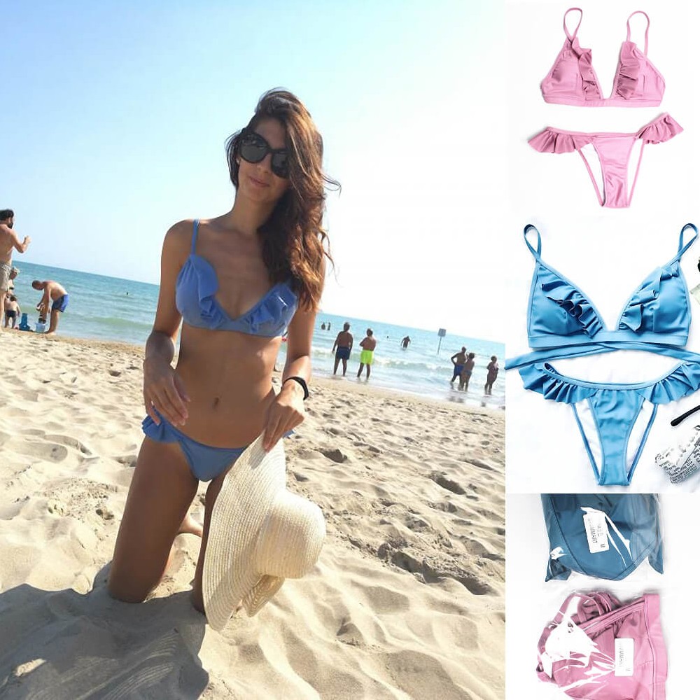 two piece high waist blue and pink solid flash girl beachwear bikini swimming suit