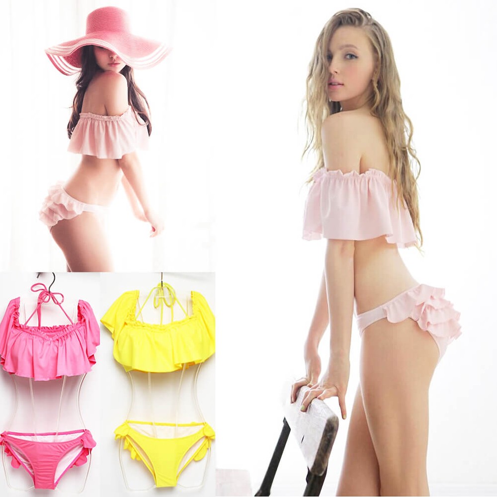 pink yellow ruffle flash lovely charming girl bikini swimwear