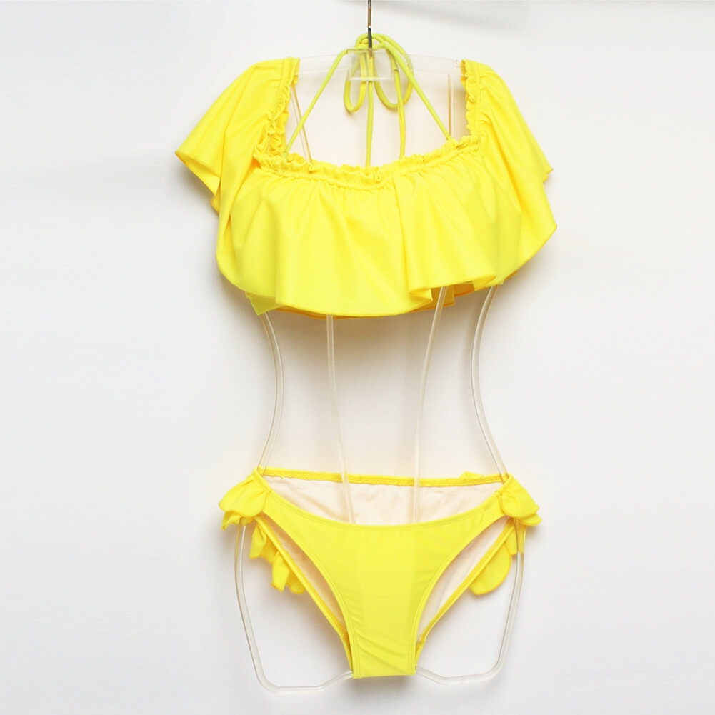 pink yellow ruffle flash lovely charming girl bikini swimwear