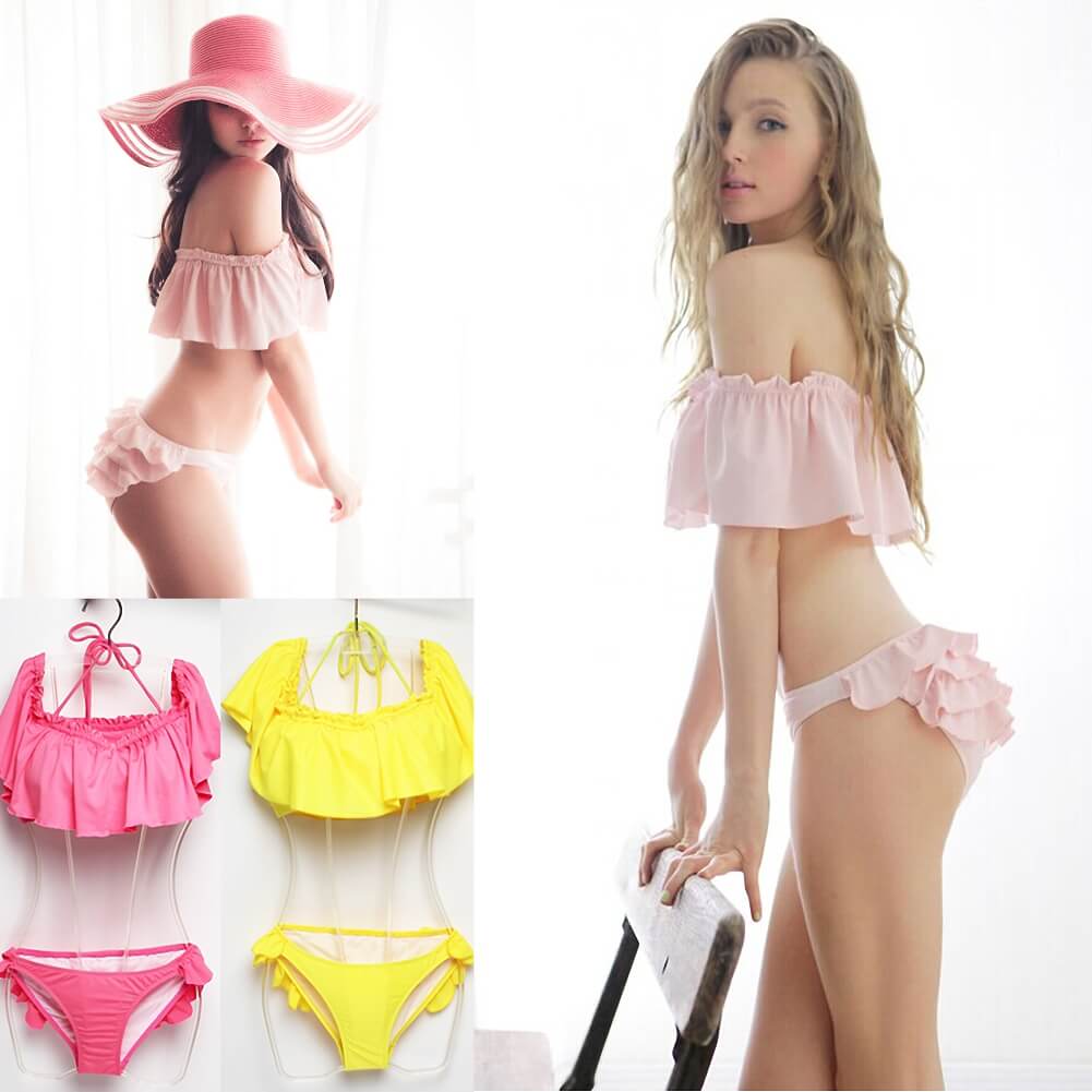 pink yellow ruffle flash lovely charming girl bikini swimwear