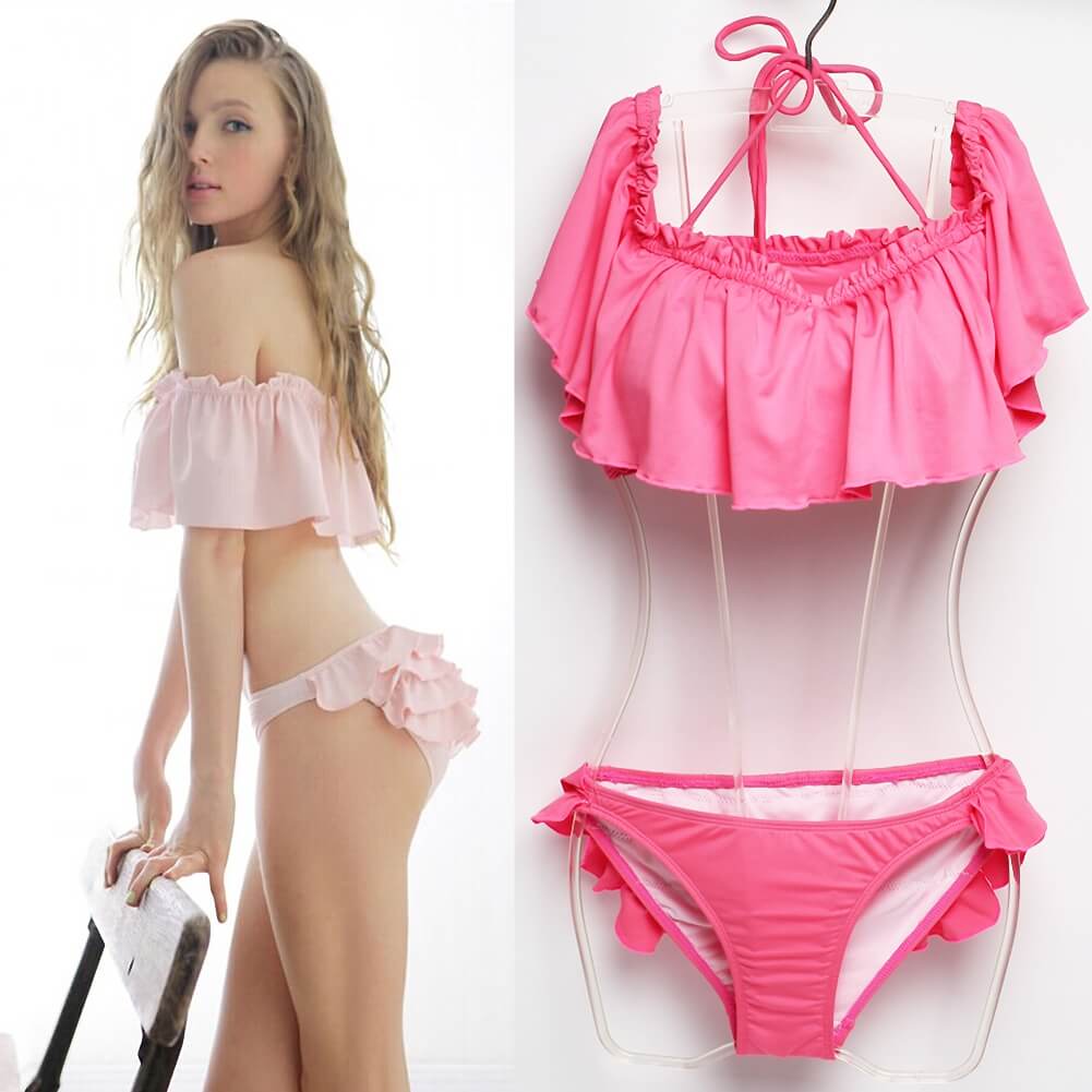 pink yellow ruffle flash lovely charming girl bikini swimwear