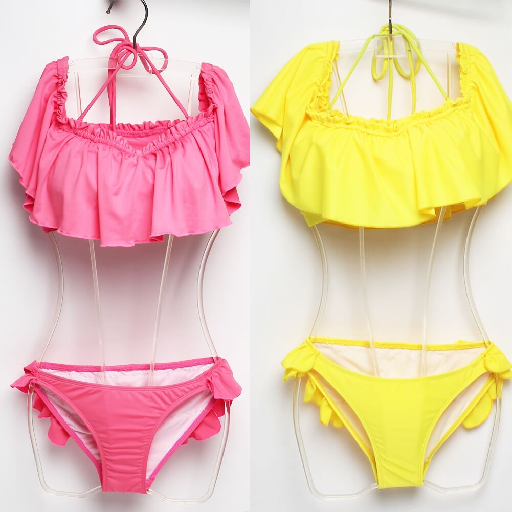 pink yellow ruffle flash lovely charming girl bikini swimwear