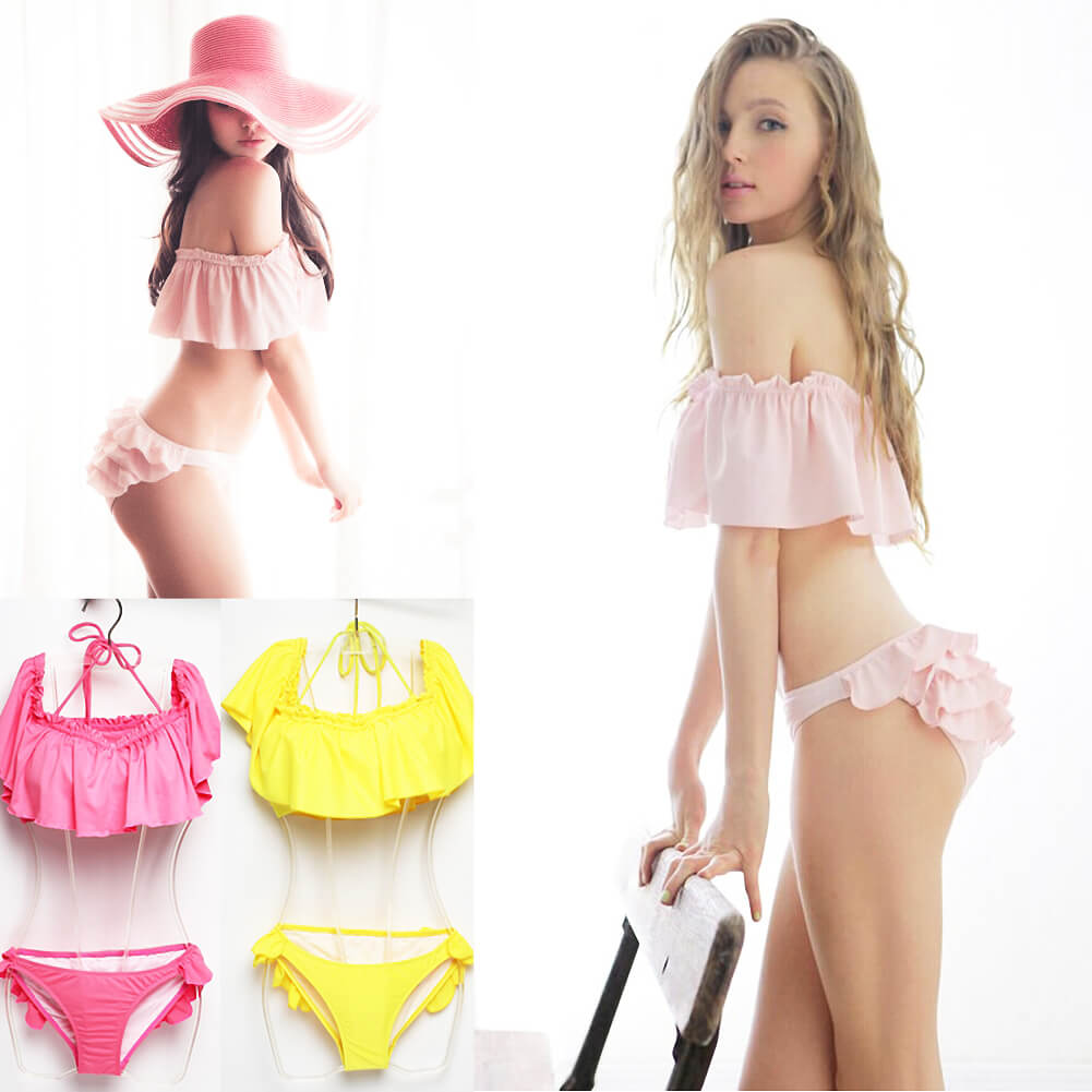 pink yellow ruffle flash lovely charming girl bikini swimwear