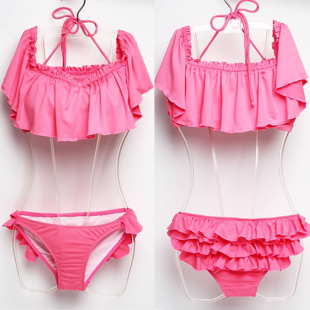 pink yellow ruffle flash lovely charming girl bikini swimwear