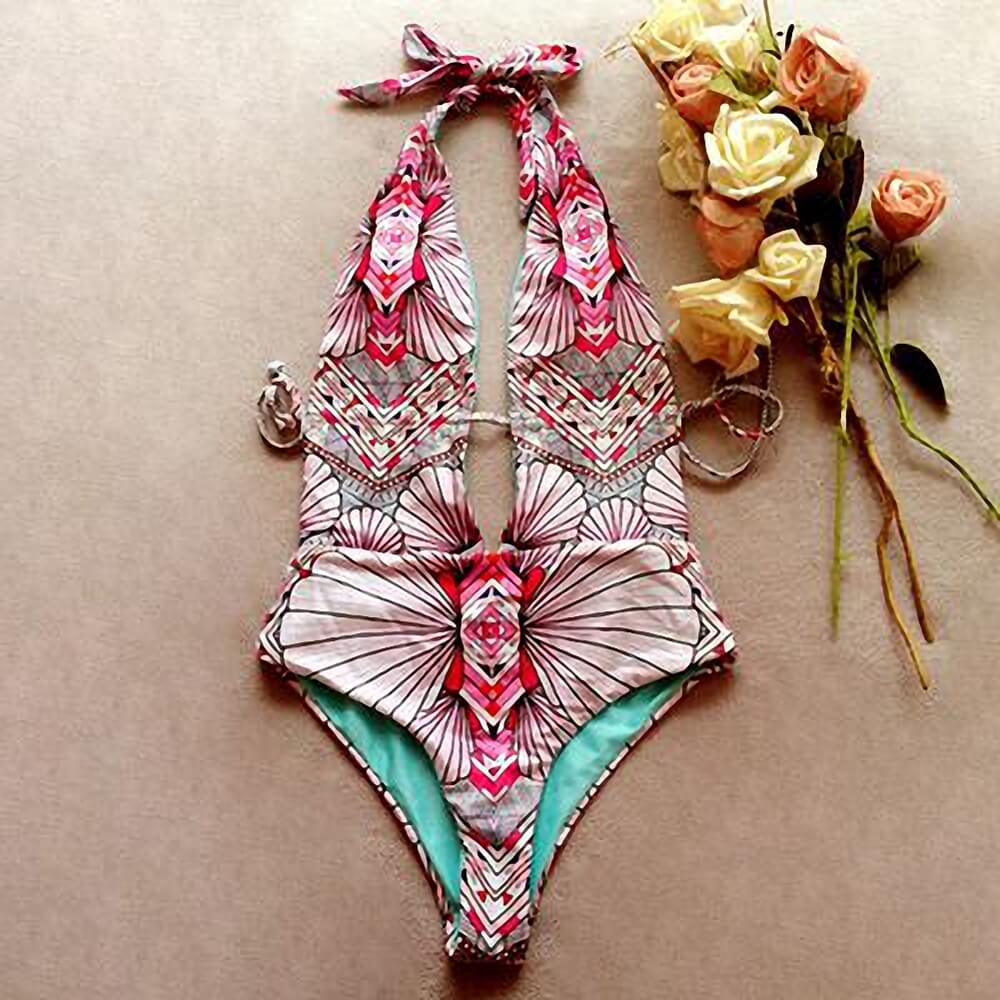 one piece pink deep v belted ruffle floral geometric printing women bikini swimwear beach swimming suit