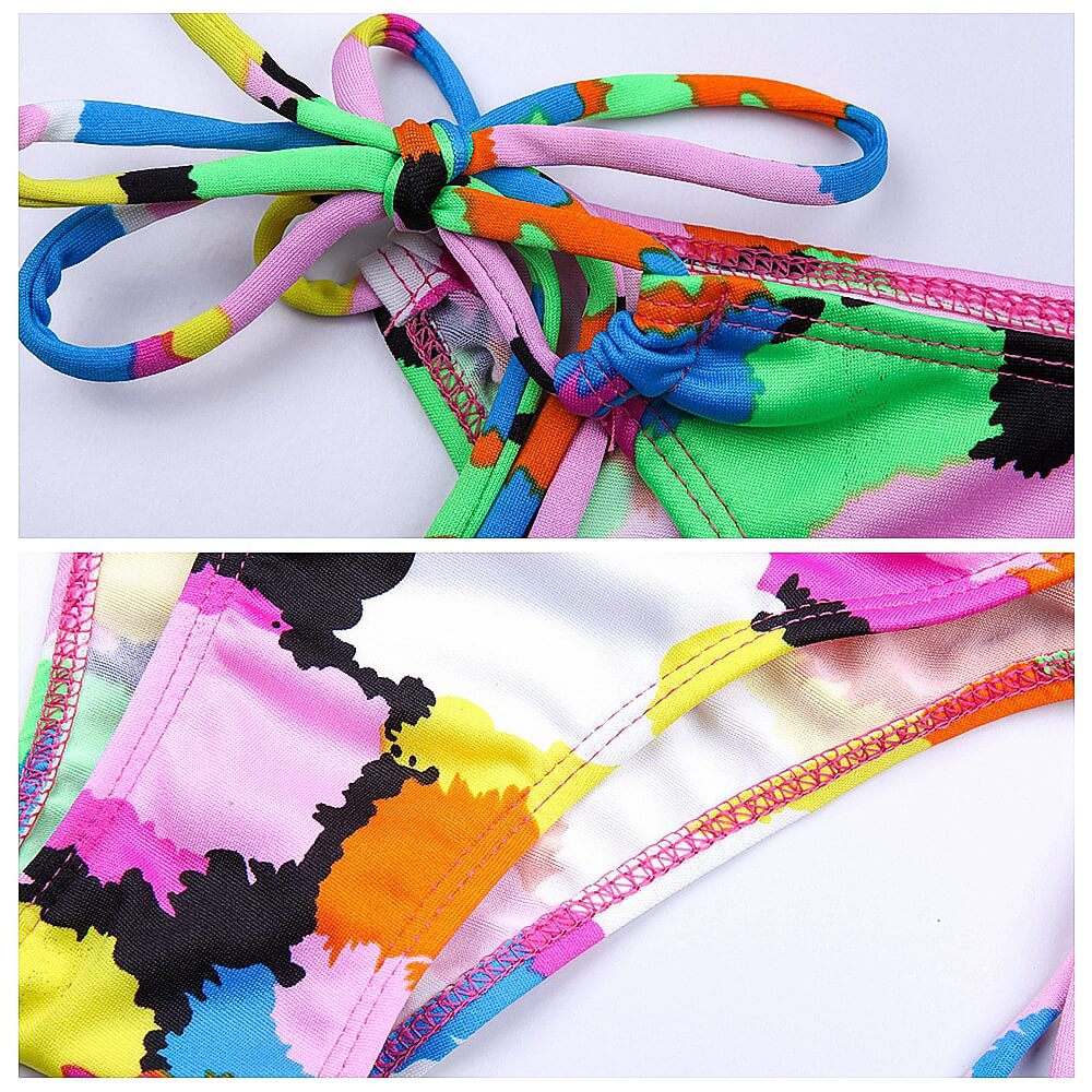 two piece rainbow geometric colorful tie side halter neck sexy flash women bikini