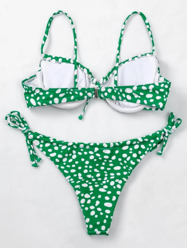 two piece tie neck bandeau green white dotted two piece bikini