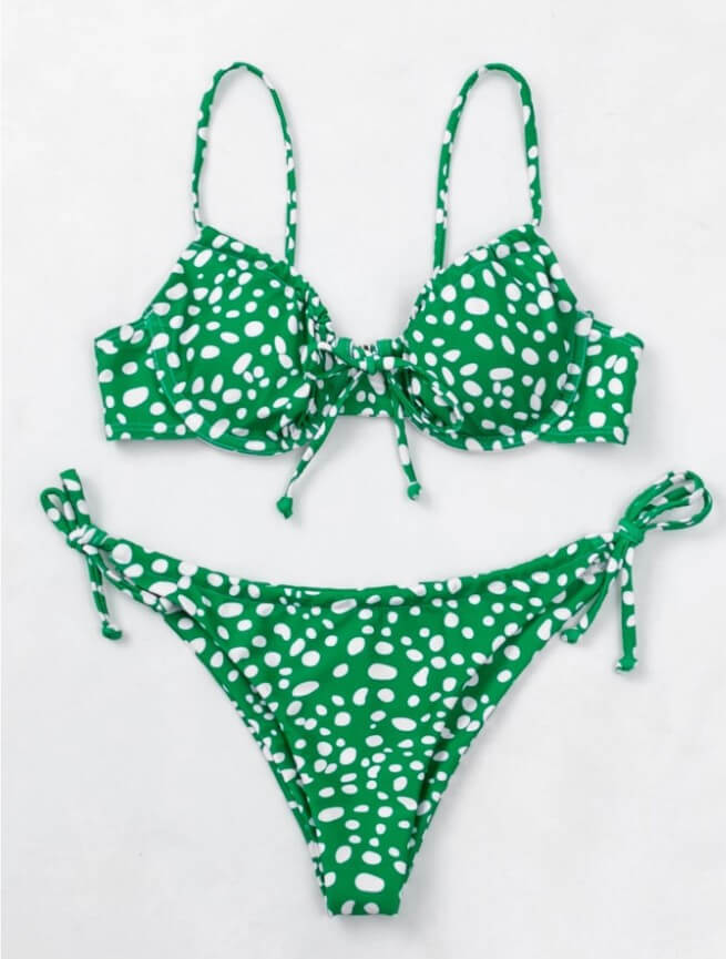 two piece tie neck bandeau green white dotted two piece bikini