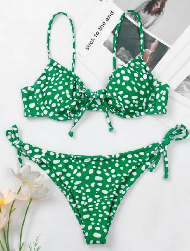 two piece tie neck bandeau green white dotted two piece bikini