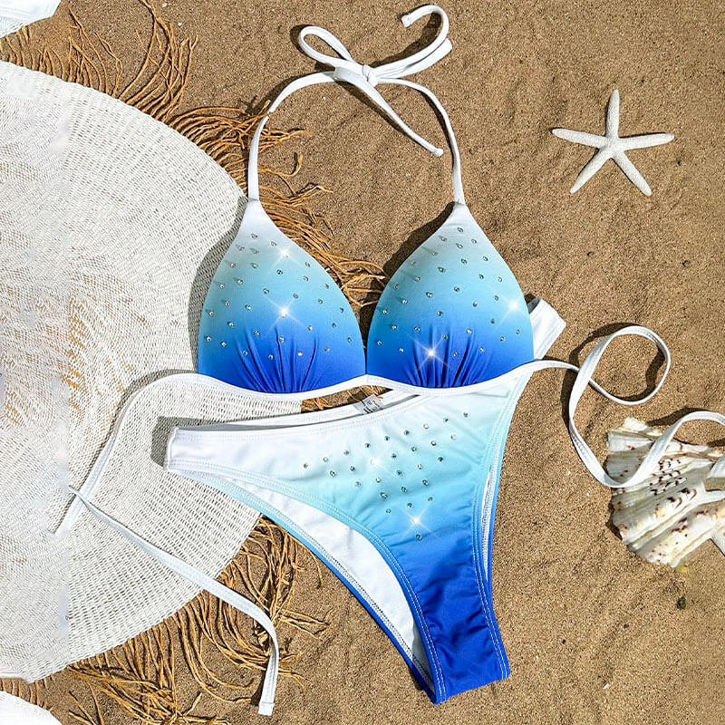 2024 new arrival hot sale faded blue shiny rhinestone metallic triangle women bikini