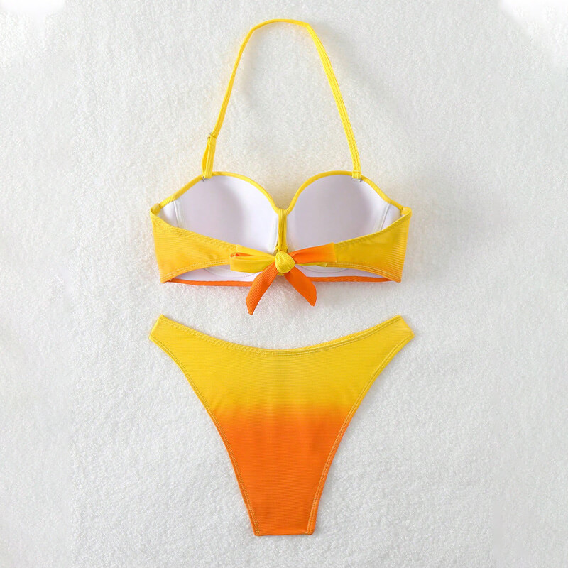 yellow faded underwire ruched stripe  two piece ruffle women bikini