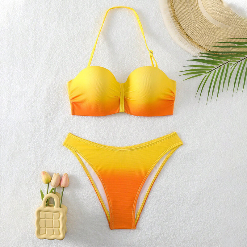 yellow faded underwire ruched stripe  two piece ruffle women bikini