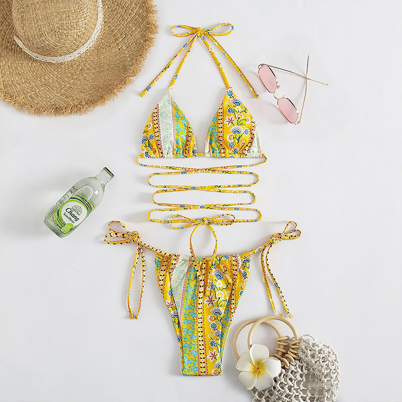 yellow paisley two piece triangle sexy women bikini