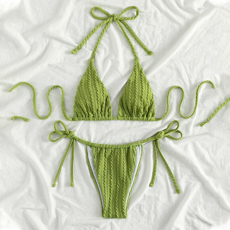 green ruched stripe sexy two piece women bikini swimming suit