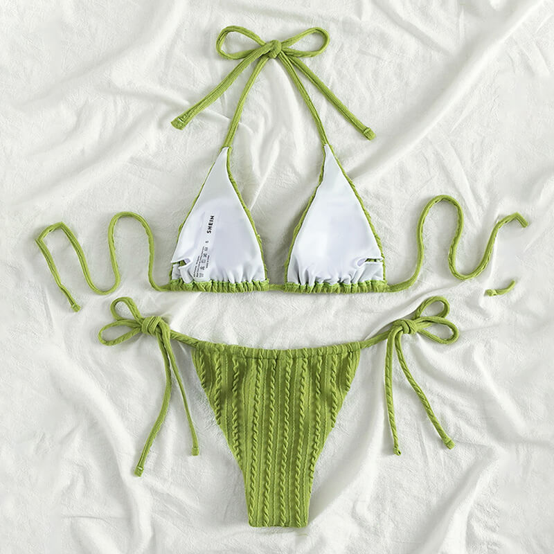 green ruched stripe sexy two piece women bikini swimming suit