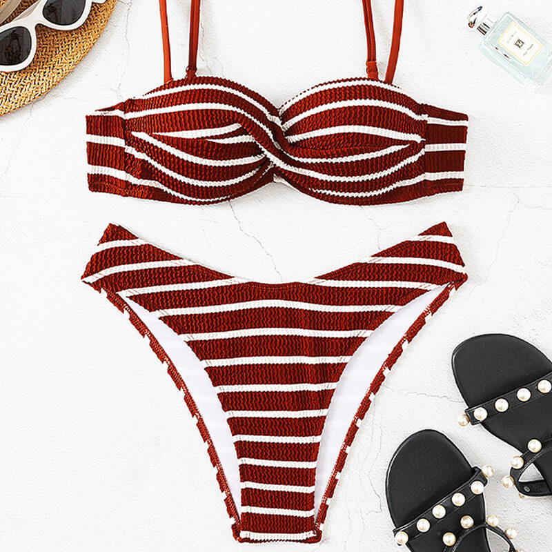 bugundy red waterwave stripe ruched bandeau women bikini