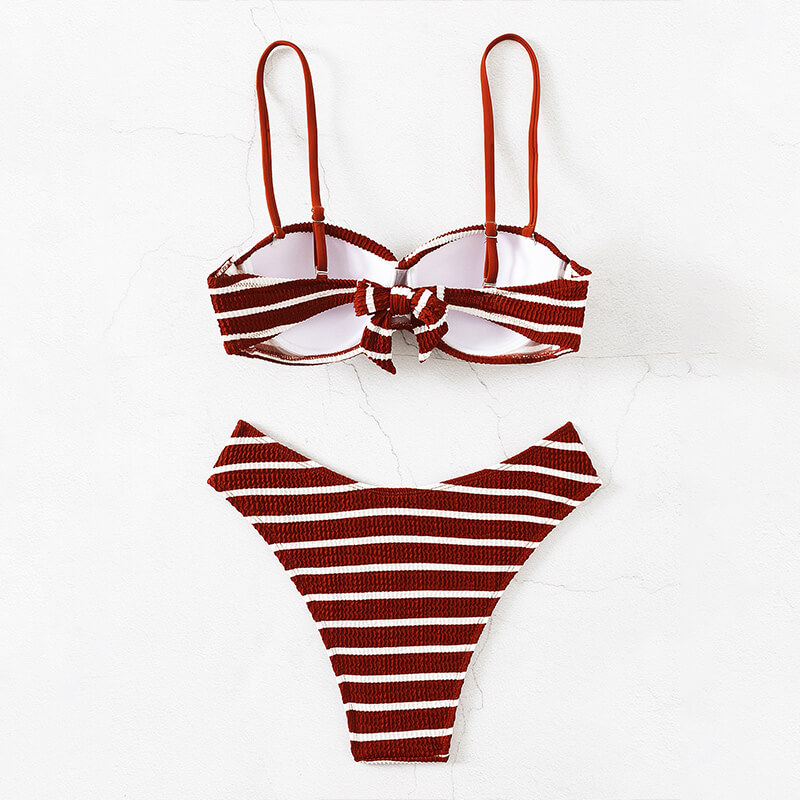 bugundy red waterwave stripe ruched bandeau women bikini