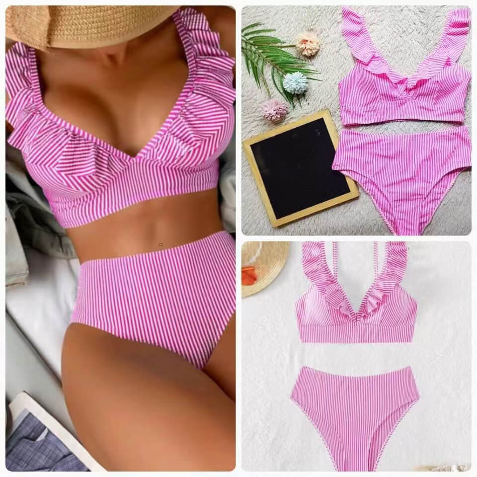 pink blue red solid color women bikini floral swimming suit