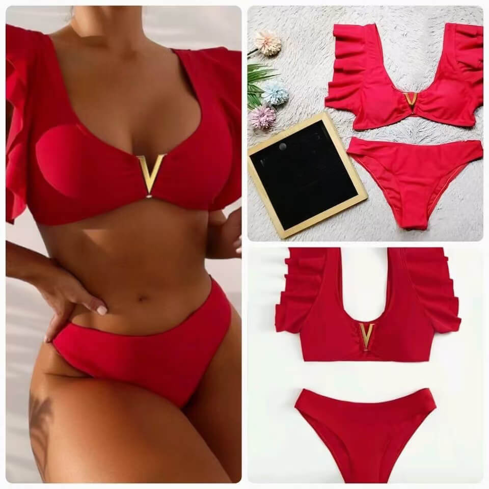 pink blue red solid color women bikini floral swimming suit