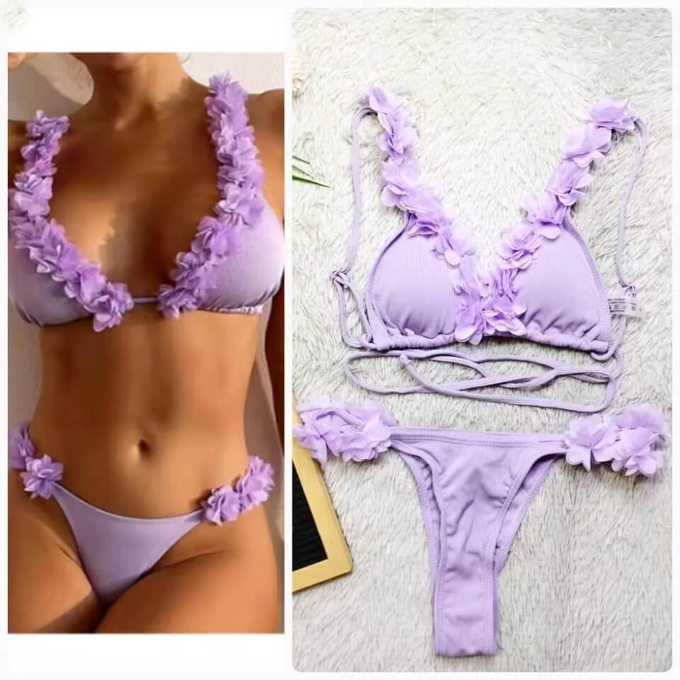 pink blue red solid color women bikini floral swimming suit