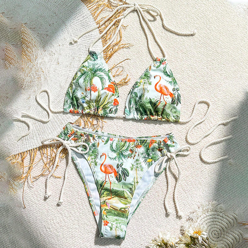 green flamingo animal printing jute drawstring two piece sexy women bikini